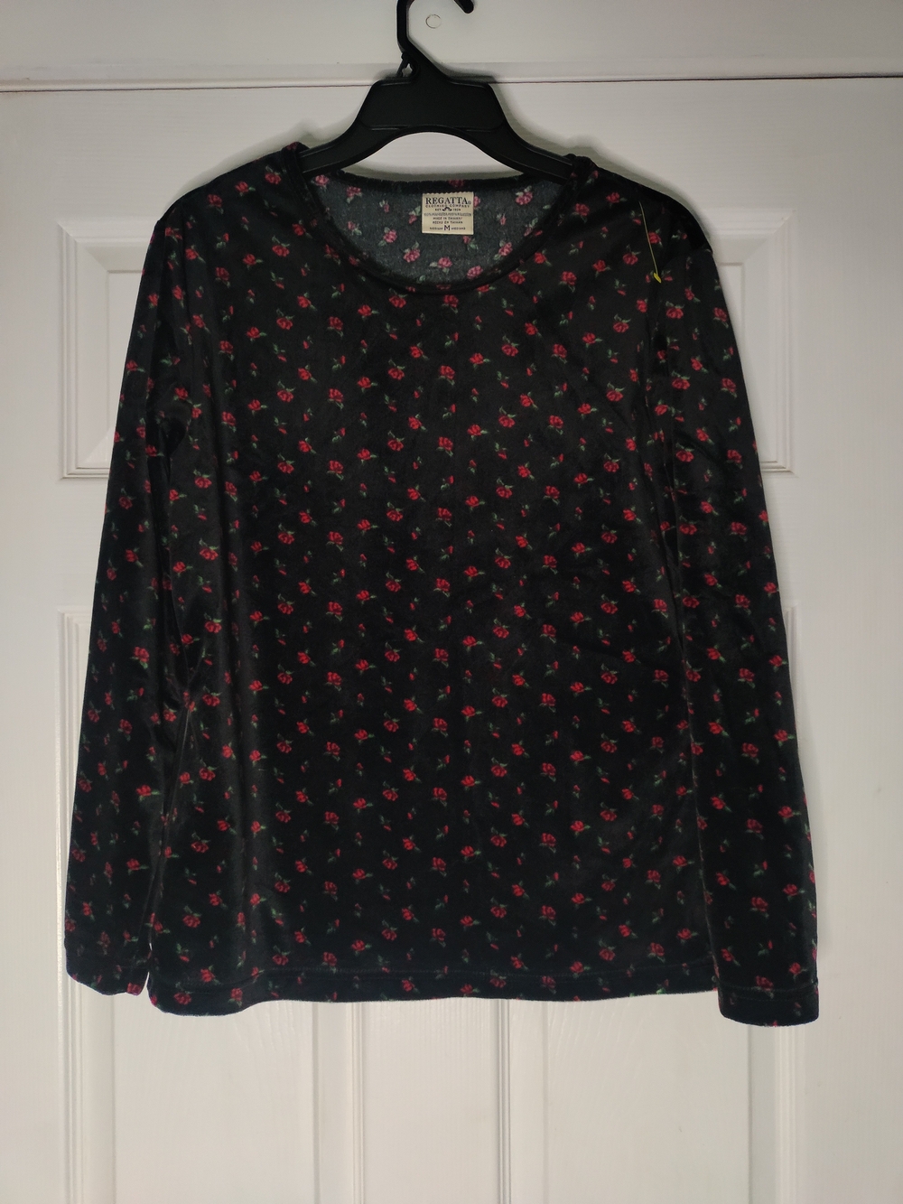 Vintage Regatta Black Velvet Long Sleeve Top with Tiny Red Rose Print